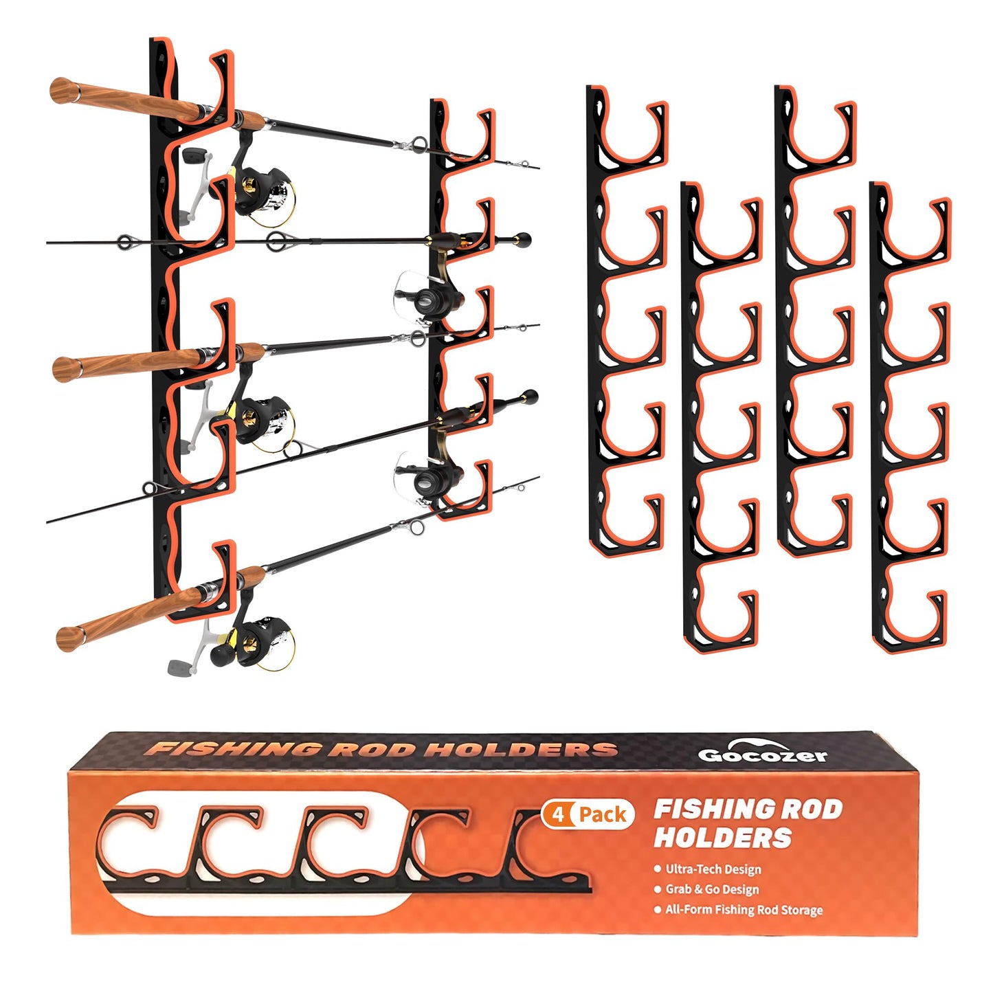 Fishing Rod Holder for Garage, H5 Wall or Ceiling Mounted Fishing Pole Holders with Soft Protective Pad, Fishing Rod Storage Organizer, Horizontal Fishing Rod Wall Mount Nets Storage (4 PACK)