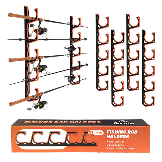 Fishing Rod Holder for Garage, H5 Wall or Ceiling Mounted Fishing Pole Holders with Soft Protective Pad, Fishing Rod Storage Organizer, Horizontal Fishing Rod Wall Mount Nets Storage (4 PACK)