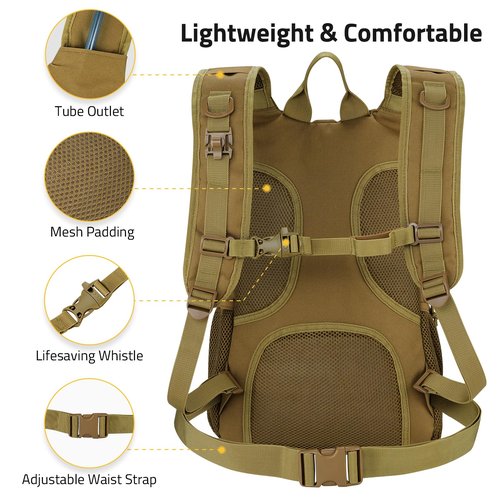 CVLIFE 3L Hydration Backpack Lightweight, 900D Heavy Duty Water Backpack for Hiking, Tactical Hydration Pack Backpack, Molle Day-Pack with TPU Water Bladder for Hiking, Running, Cycling, Camping, Tan