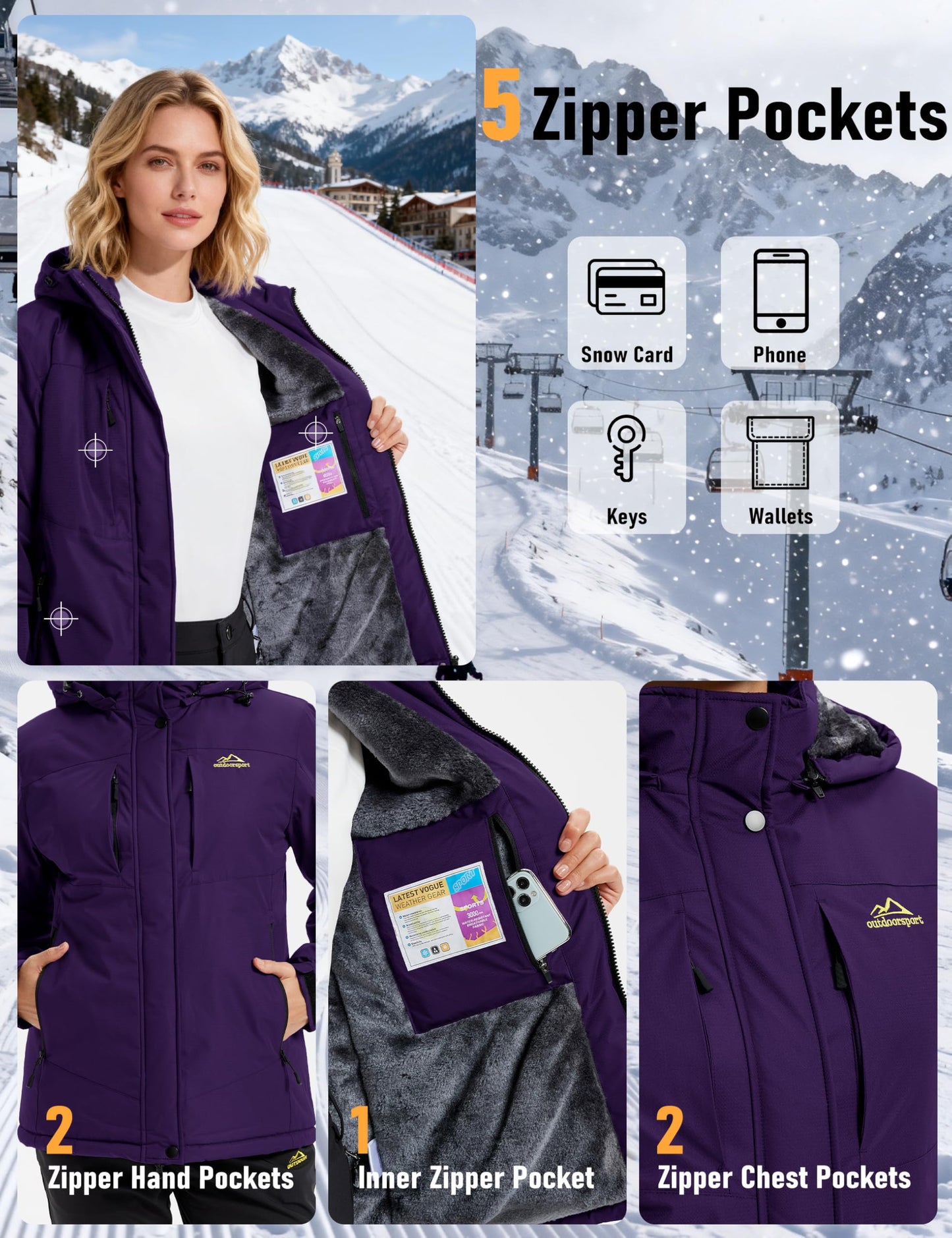 MAGCOMSEN Ski Coats for Women Winter Waterproof Warm Insulated Thermal Snowboarding Jacket Windproof Purple Raincoat XL