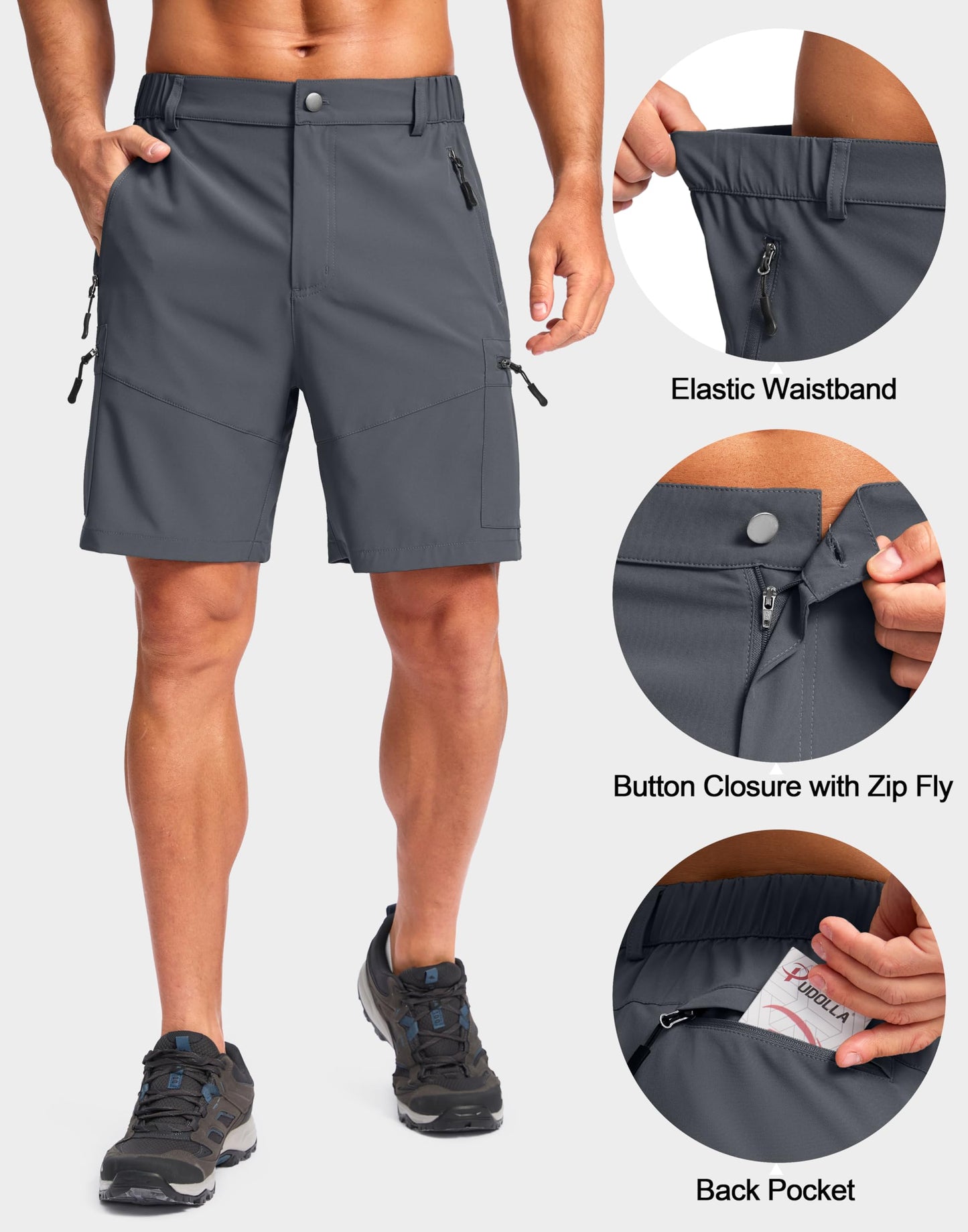 Pudolla Men's Hiking Cargo Shorts Lightweight 7" Travel Casual Shorts for Men Golf Work Outdoor with 5 Zipper Pockets(Deep Grey XX-Large)