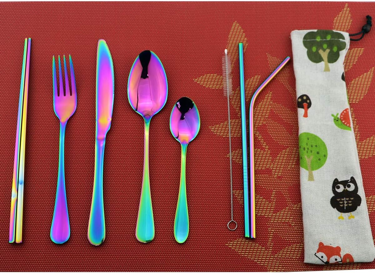 8 Pieces Stainless Steel Mirror Poblished Flatware Set Reusable Cutlery Set Travel Utensils Set with Straws for Camping Office or School Lunch,Dishwasher Safe (Rose Gold)