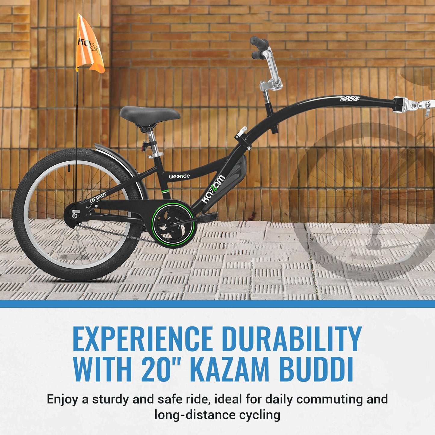 KaZAM Co-Pilot Bike Trailer - 20 Inch Bike Trailer with Adjustable BMX Stem and Handlebar - Lightweight Aluminum Frame and Padded Saddle for Cycling - Perfect for Family Rides - Black