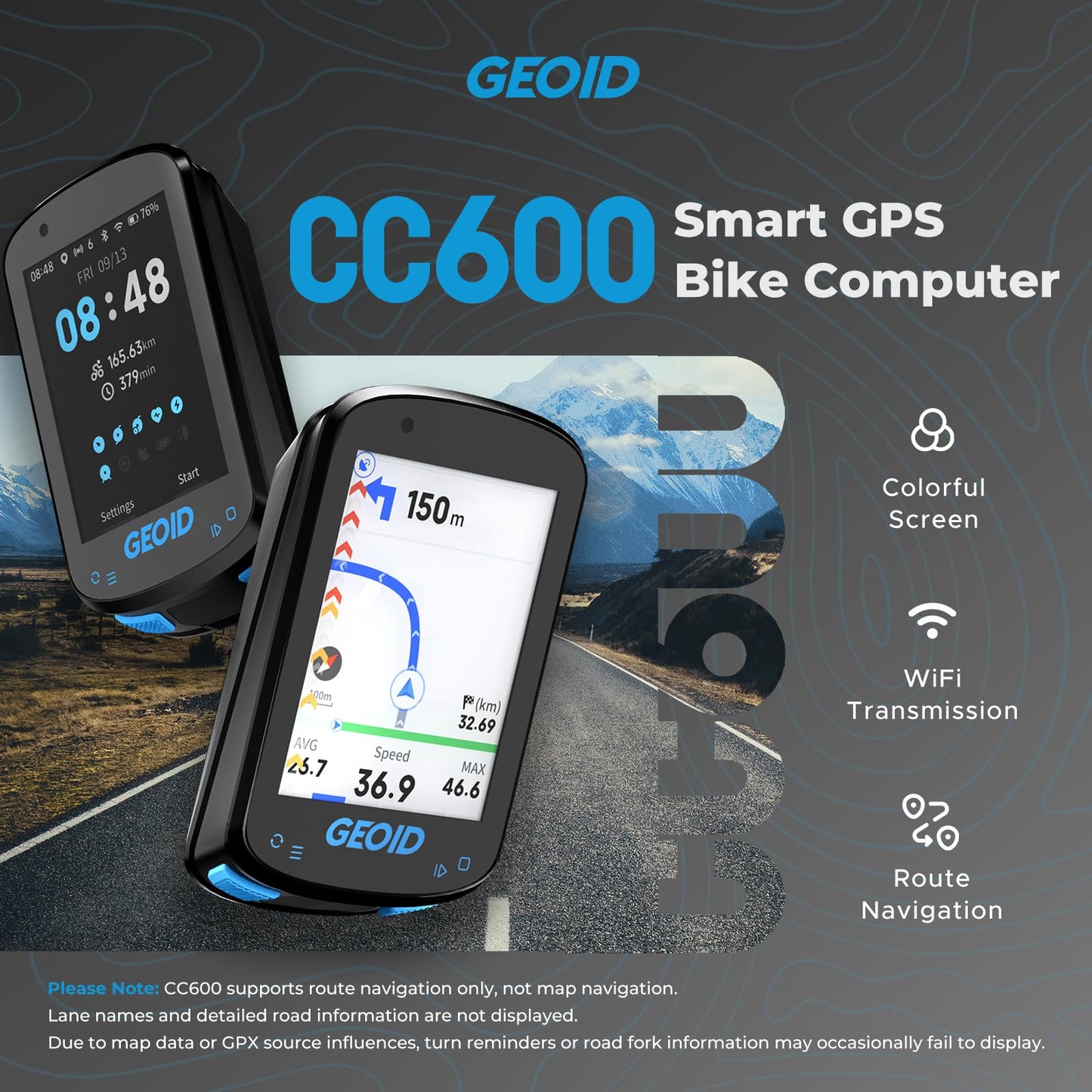 GEOID CC600 Color Screen Bike/Cycling Computer Wireless - Route Navigation with Re-Route Planing, WiFi & Bluetooth, Fast 5s GPS Positioning, Free Indoor Training