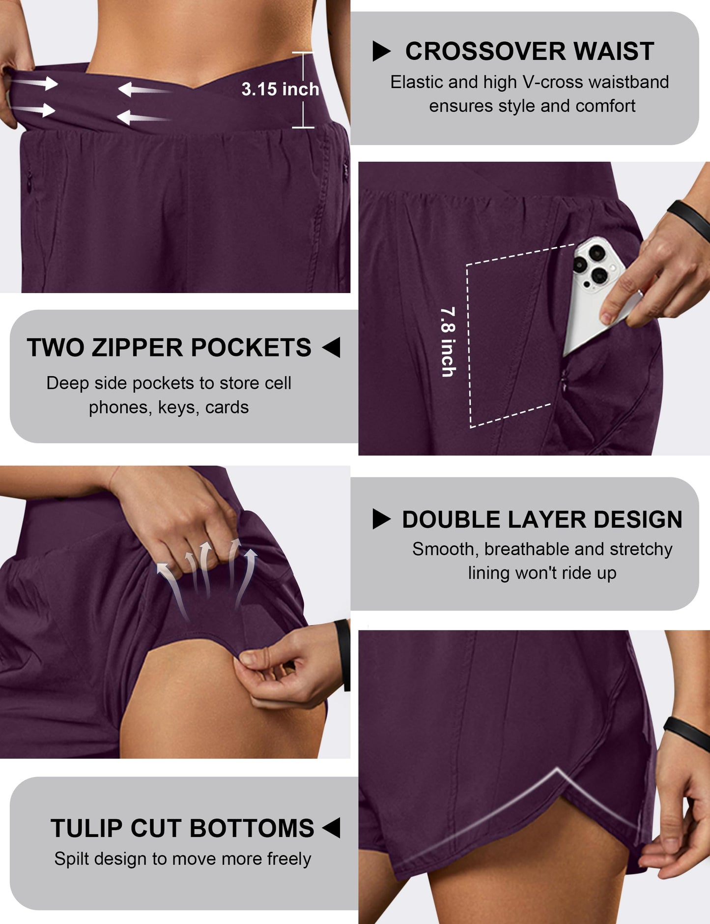 Blooming Jelly Women's Workout Shorts Athletic Running Crossover High Waisted Gym Sport Yoga Shorts with Zipper Pockets (Purple,Small)