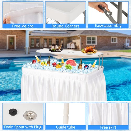 Dragosum Outdoor Ice Cooler Table with Drain and Shelf, Folding Table with Matching Skirt, Portable Table Coolers 4 Foot for Party BBQ Camping Wedding