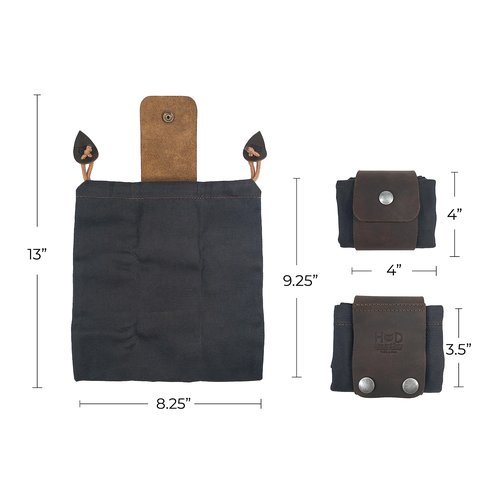 Hide & Drink, Foraging Pouch (Collapsible) for Hiking, Treasures & Seashells Bag, Easy Looping Around Belts, Grocery Storage, Waxed Canvas, Handmade, Charcoal Black/Bourbon Brown