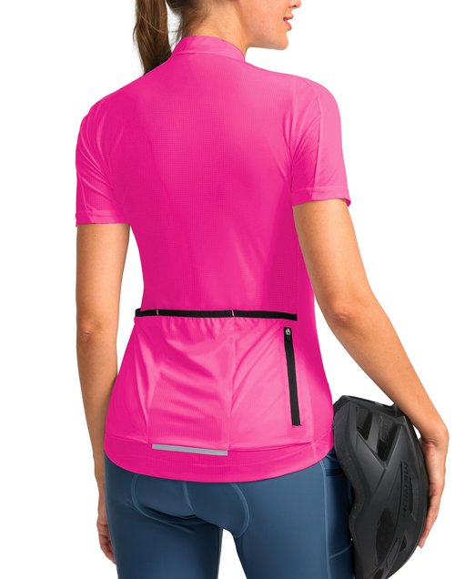 Women's Cycling Jersey Short Sleeve Bike Shirts Full Zipper Bicycle Biking Tops with Pockets Road Mountain Riding(FluorescentRosy,L)