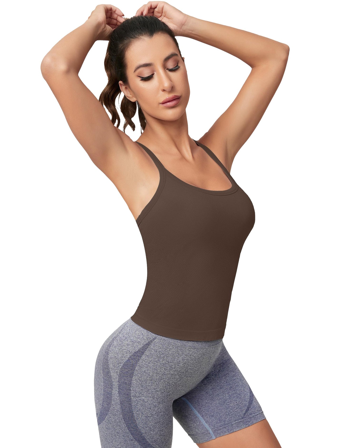 MathCat Workout Tank Tops for Women with Built in Bra, Sleeveless Gym Tops Seamless Racerback Athletic Yoga Shirts Light Coffee