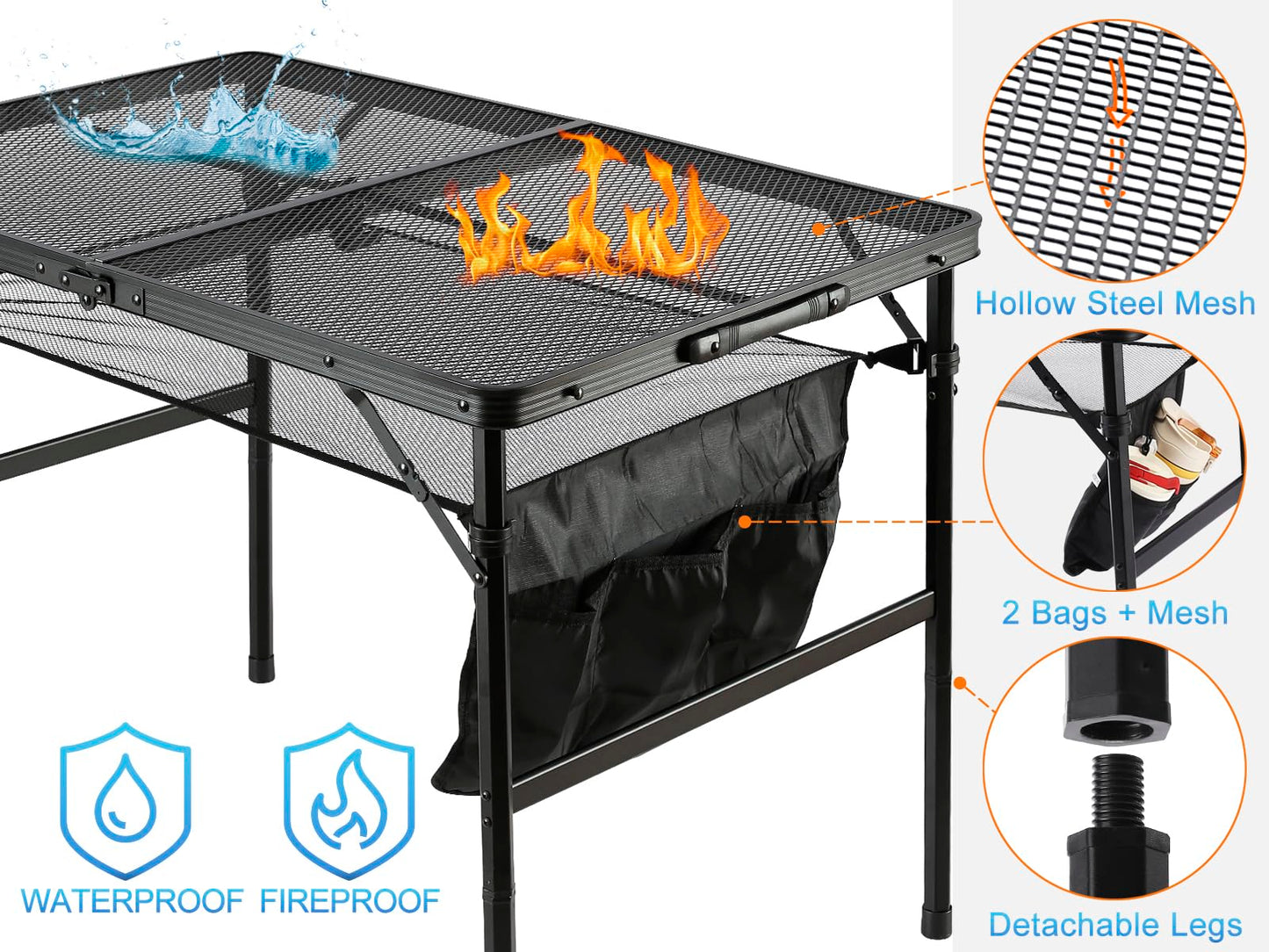 SKIKEN Folding Metal Camping Table with Mesh Layer, Portable & Lightweight Grill Table for Outdoor, 2 Adjustable Heights, Metal Mesh Tabletop for Camping Cooking, Medium Size (2.95 FT, Black)