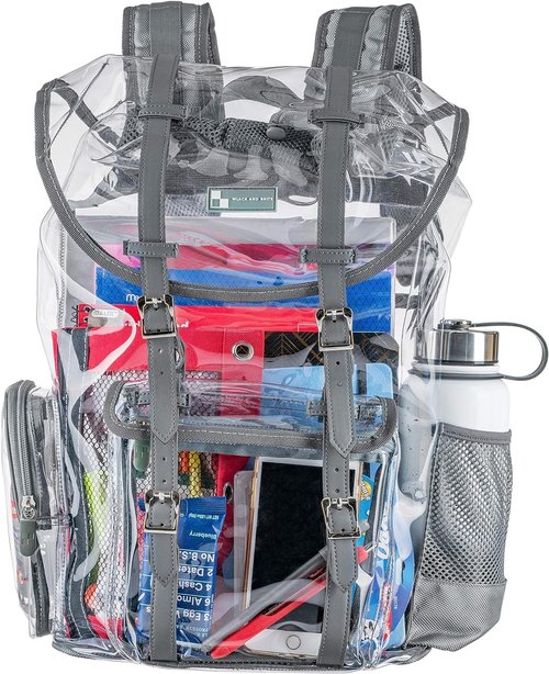 WLACK AND BHITE Eco-Friendly Heavy Duty Clear Backpack with Front Pocket | Large Clear Bookbag Transparent See Through Backpack for College Work Travel (Steel Gray Eco Friendly)
