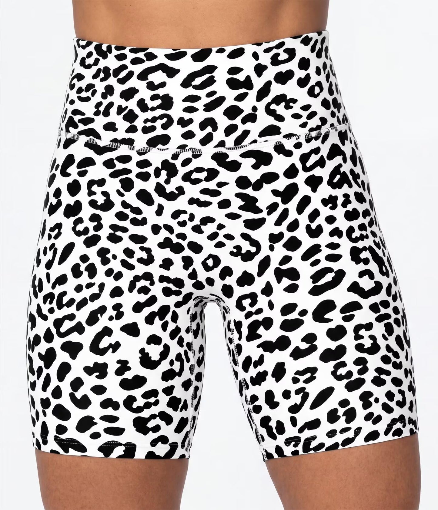 Sunzel 8" Waist Biker Shorts for Women No Front Seam Soft Yoga Workout Gym Bike Shorts Tummy Control Squat Proof Leopard White Large