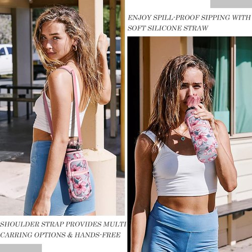 Crownnie Queen 25/32/40 OZ Sports Water Bottle Crossbody Sling Bag Case Sleeve with Adjustable Shoulder Strap and Pockets for Hiking, Travel, Running or Fitness (Peach Blossom)