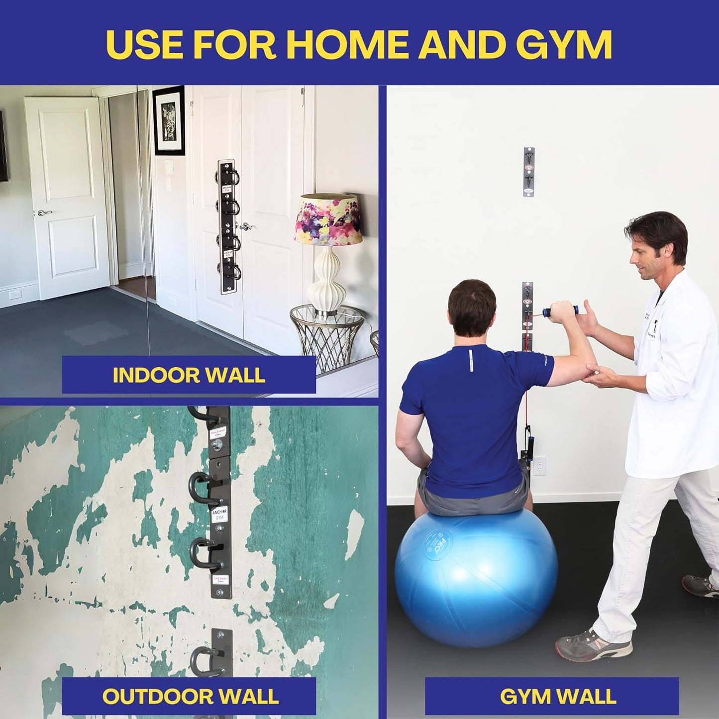 Anchor Gym Core Station - Wall Mount Workout Anchors for Resistance Band, Three Units with Two Hooks for Exercise Bands, Body Weight Straps, Strength Training - (Wood Mounting Screws Included)