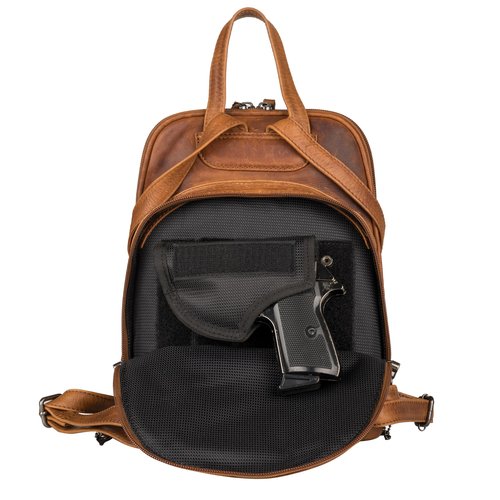 Lady Conceal Concealed Carry Abby Tactical Leather Backpack with Holster and Locking Zippers (Cognac)