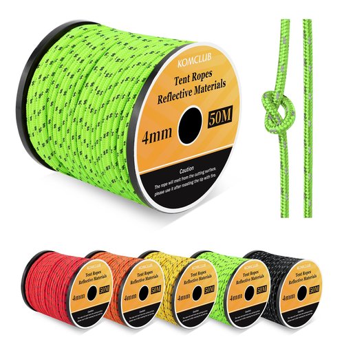 KOMCLUB 50M Reflective Guy line Tent Cords Solid 4mm Lightweight Camping Rope Braid Tent Guide Guy Straps for Tent Tarp Canopy Shelter Camping Hiking Backpacking Water Activities Survival Gear (GREEN)