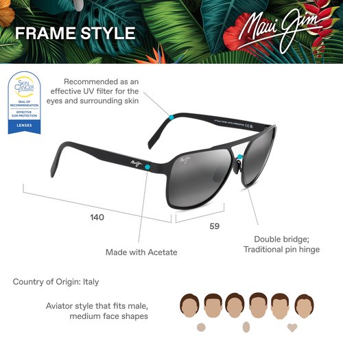 Maui Jim 2nd Reef Square Sunglasses, Satin Black/Neutral Grey Polarized, Medium