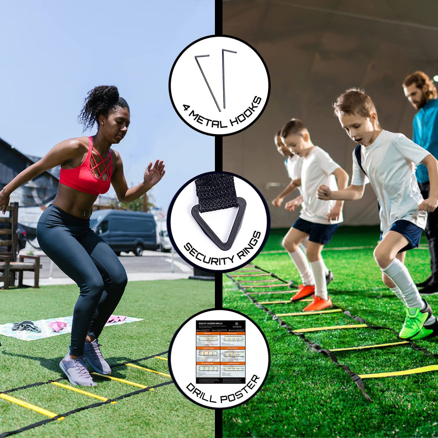 Gendeda Speed Agility Training Set, Includes Agility Ladder, Resistance Parachute, Jump Rope,5 Resistance Bands, Muscle Roller Stick and 10 Cones, Speed Training Equipment for Soccer Football (Yellow)
