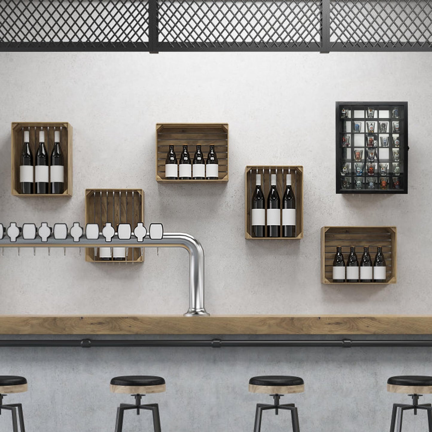 FramePro Black Shot Glass Display Case 30 Slots with Mirror Background Large Wooden Cabinet Rack Holder Mini Helmet Collection Wall Mounted Shadow Box Lockable with Tempered Glass Door 15.5*20 Inches