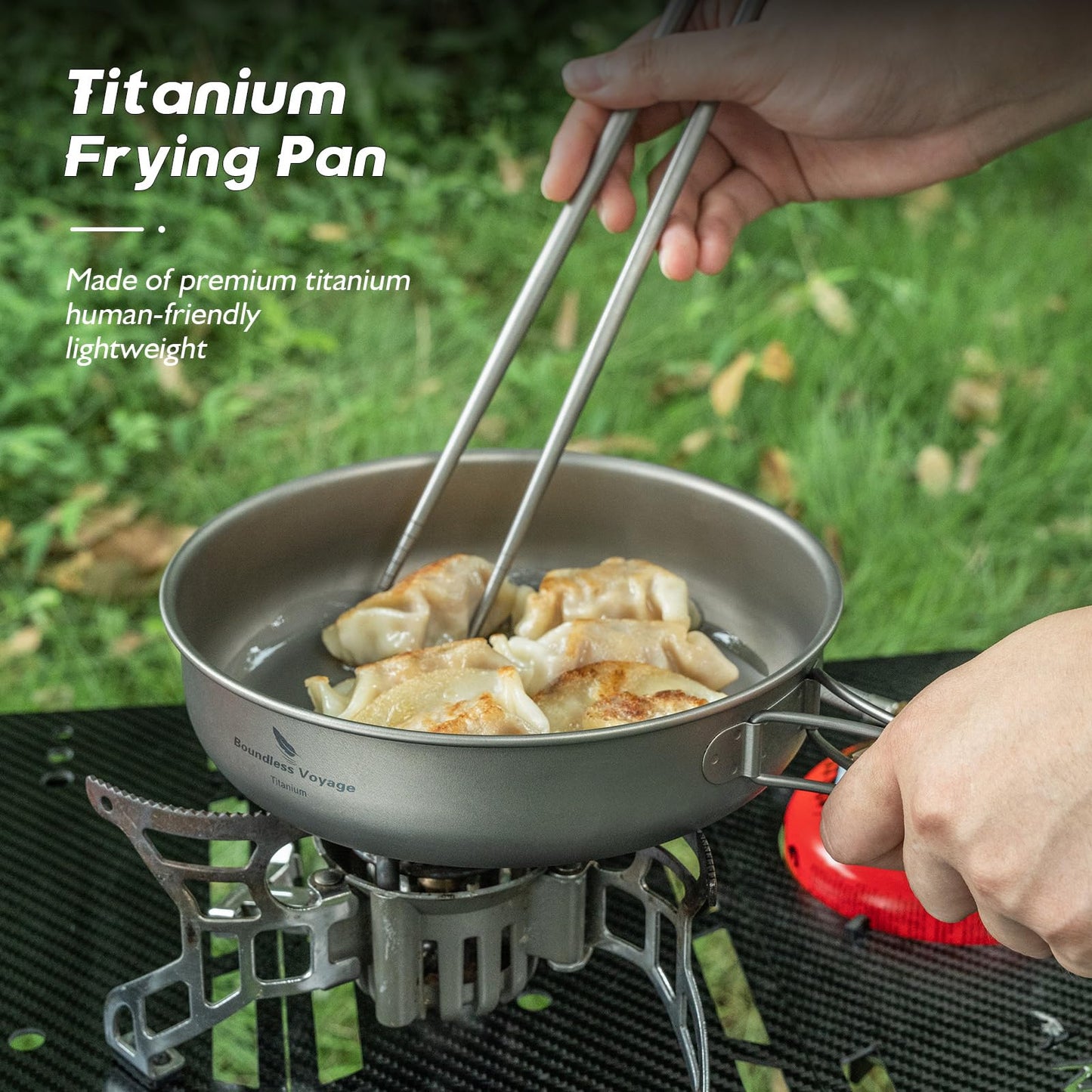 iBasingo 18cm Camping Frying Pan Titanium Skillet Saucepan Outdoor Cookware Lightweight Griddle Portable Plate with Foldable Handle Travel Picnic Hiking Backpacking Cooking Kit for 1 Person Ti2063C