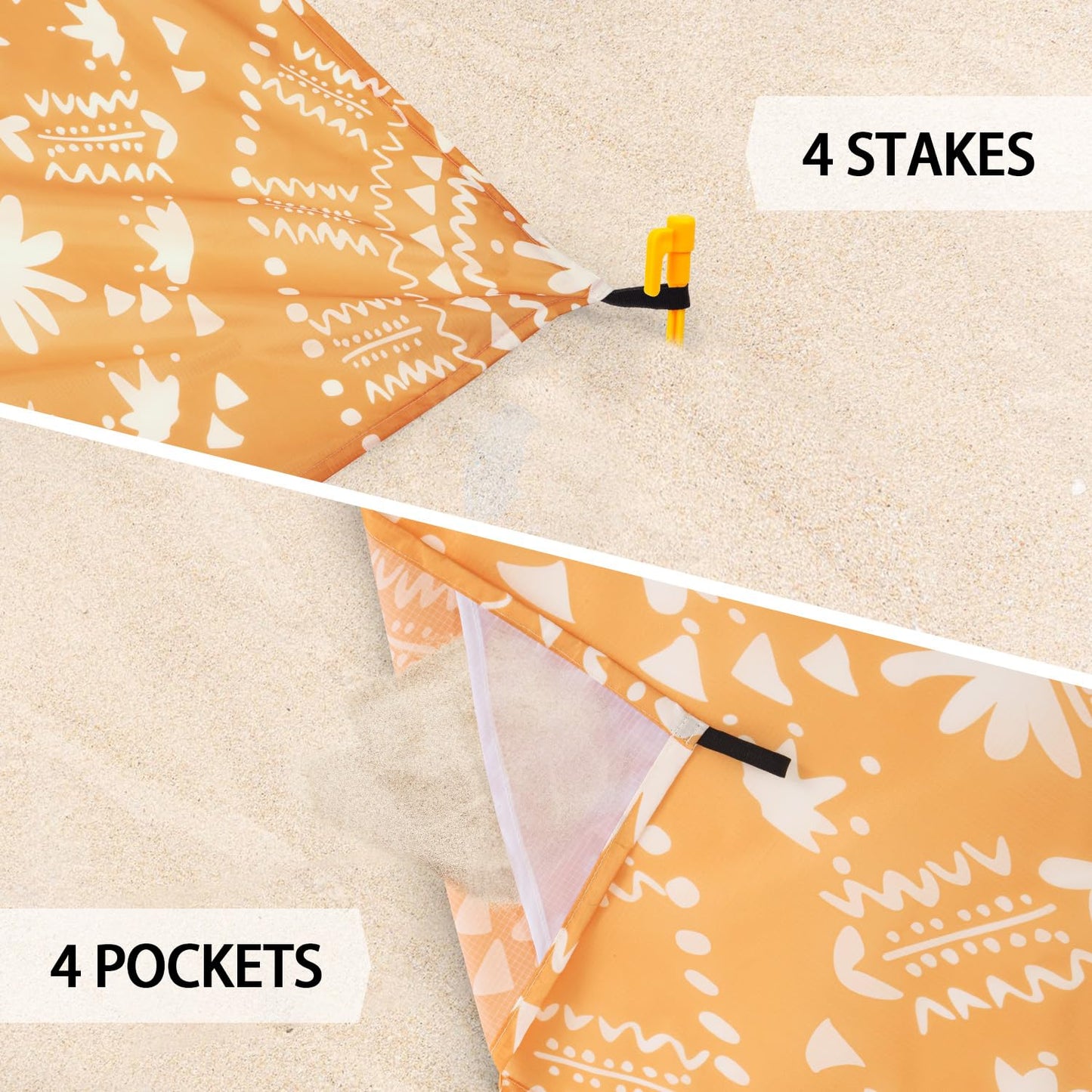 SkyNature 110''×118'' Extra Large Sandproof Beach Blanket 4-8 Adults, Waterproof Foldable Picnic Blankets with 4 Stakes & 4 Pockets, Lightweight Boho Outdoor Beach Mat for Travel, Camping, Hiking