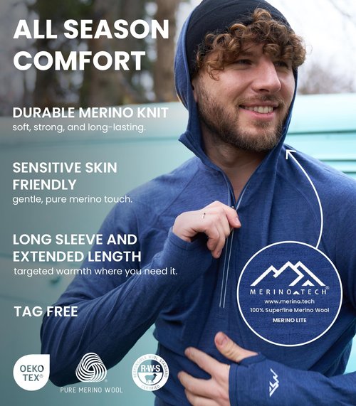 Merino.tech 100% Merino Wool Hoodie Men - Slim Fit Merino Wool Base Layer Mens Half Zip Thermal Long Sleeve Shirt and Socks (X-Large, 190 Charcoal Grey)