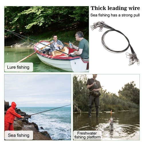 Giantree 50 Pcs Fishing Leaders, Stainless Steel Fishing Leaders with Snap and Swivel, Anti bite Stainless Steel Wire Leaders Fishing Leader Line for Fishing Rigs Saltwater and Freshwater(Black)