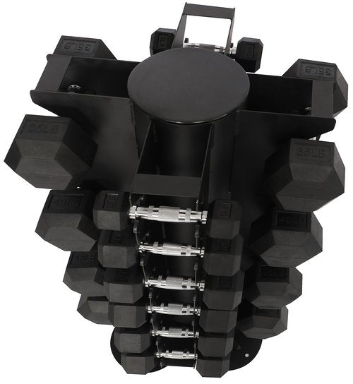Signature Fitness 550LB Rubber Coated Hex Dumbbell Weight Set with Vertical and Spinnable Storage Rack, 5-50 lbs Pairs, Multiple Package