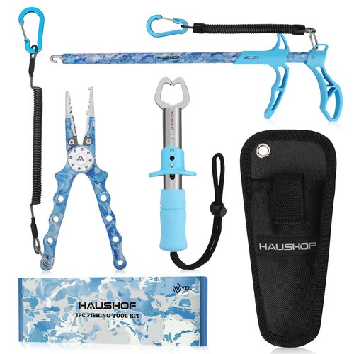 HAUSHOF 3PC Camo Fishing Tool Kit, Fishing Pliers with Sheath, Fish Lip Gripper, Aluminum Fish Hook Remover, Saltwater Resistant Fishing Gear for Fly Fishing, Gifts for Men Women