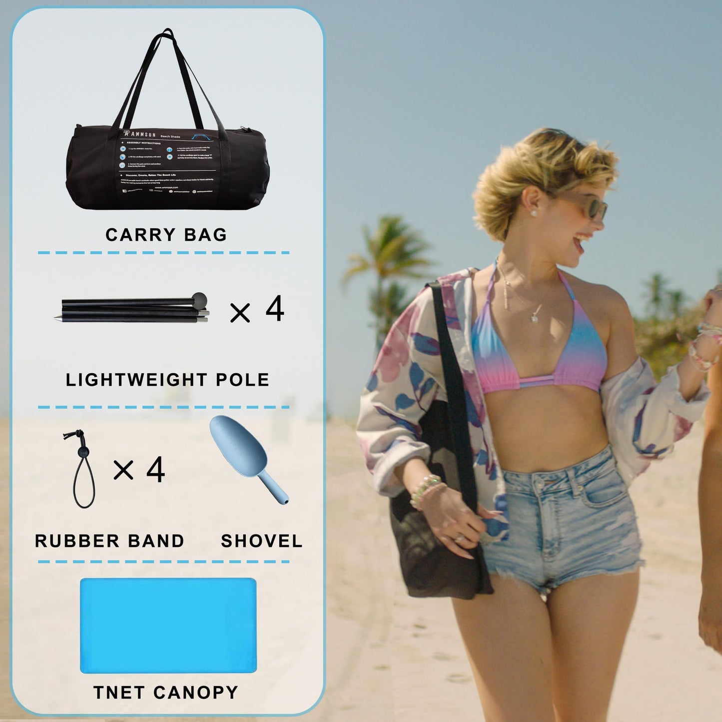 AMMSUN Beach Tent Portable Beach Canopy,11ft X 11ft Sun Shelter Easy Setup, 11'x11' Lycra Sun Shade with UPF50+ Protection 4 Sand Bags & 4 Poles for Family at The Camping, Beach & Outdoor