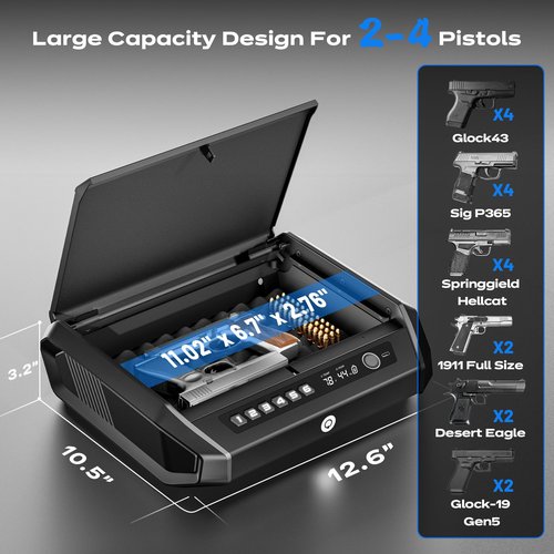 Gun Safe with LCD Display, ≤0.1s Quick Access Handgun Safe for 2-4 Pistols, Hand Gun Lock Box with Fingerprint | Keypad | and Keys for Home Drawer Bedside Nightstand TOPMEDA