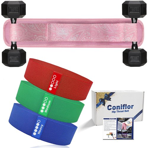 Coniflor Hip Thrust Belt with 3 Resistance Bands - Adjustable Fitness Belt for Dumbbells, Kettlebells, Plates - Support Up to 100 lbs - for Glute Workouts at Home Gym - Gifts Ideas for Women, Pink