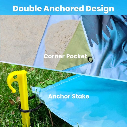 Oversized Sandproof Beach Blanket (83"x81"), Extra Large Beach Sheet for Up to 6 People. Sandfree Beach Mat, Big Sand Blankets with Sand Bags and Stakes. (Cyan Mountain)