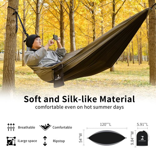 Durable Hammock 400 lb Capacity, Nylon Camping Hammock Chair - Single Sizes w/Tree Straps and Attached Carry Bag - Portable for Travel/Backpacking/Beach/Backyard (Black & Light Blue)