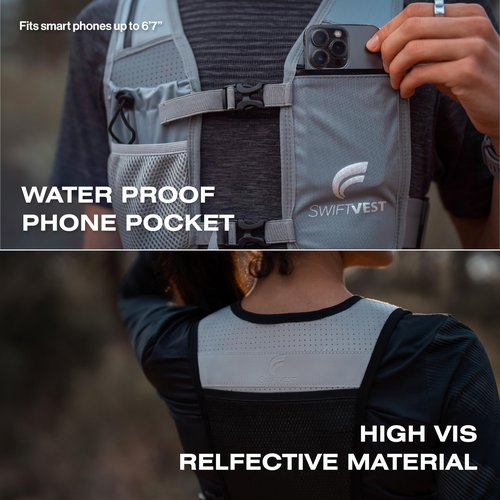 SWIFTVEST Running Phone Holder Vest with 500ml/17oz Water Bottle | Running Pack | Reflective Hydration Vest | Adjustable | Light | 6 Pockets for Accessories | Men & Women