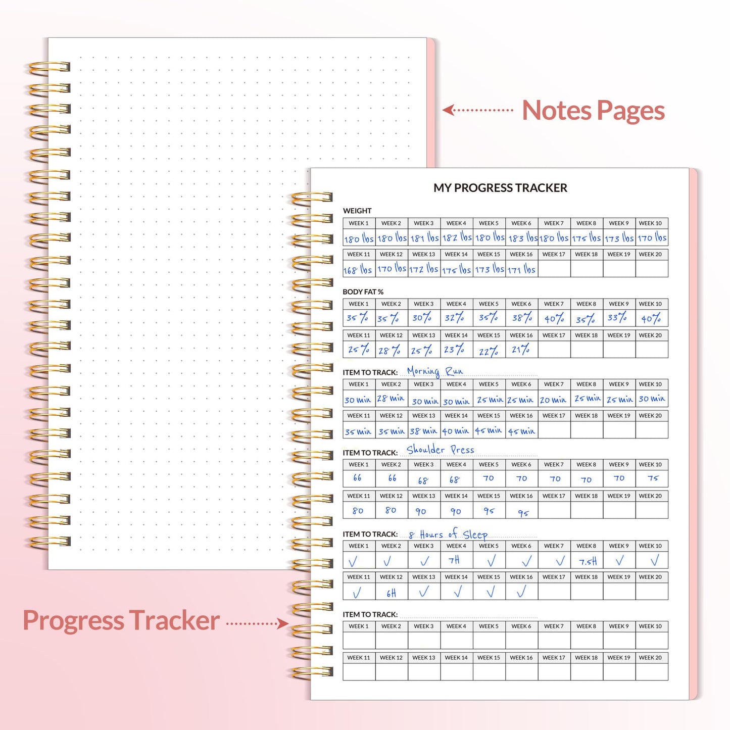 Fitness Journal Workout Planner for Women & Men, A5 (6.4" x 8.3") Workout Journal Log Book Planner Gift for Track Gym Essentials, Home Workouts, Track Progress, Achieve Wellness Goals, Pink