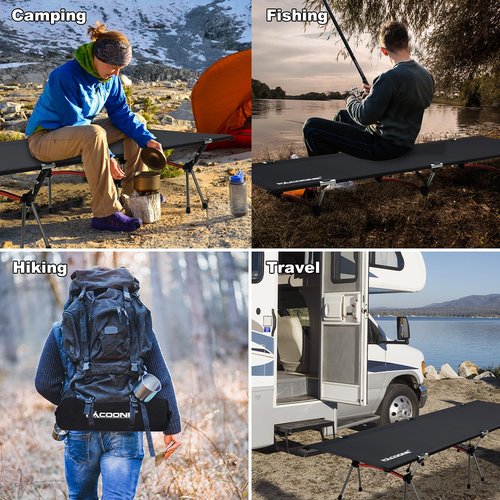 PACOONE 2-in-1 Ultralight Folding Camping Cot with Leg Extenders, Military Camping Cots Bed, Heavy Duty Folding Sleeping Camping Cot for Backpacking Hiking Travel Tent, Support 330 Lbs(Black)
