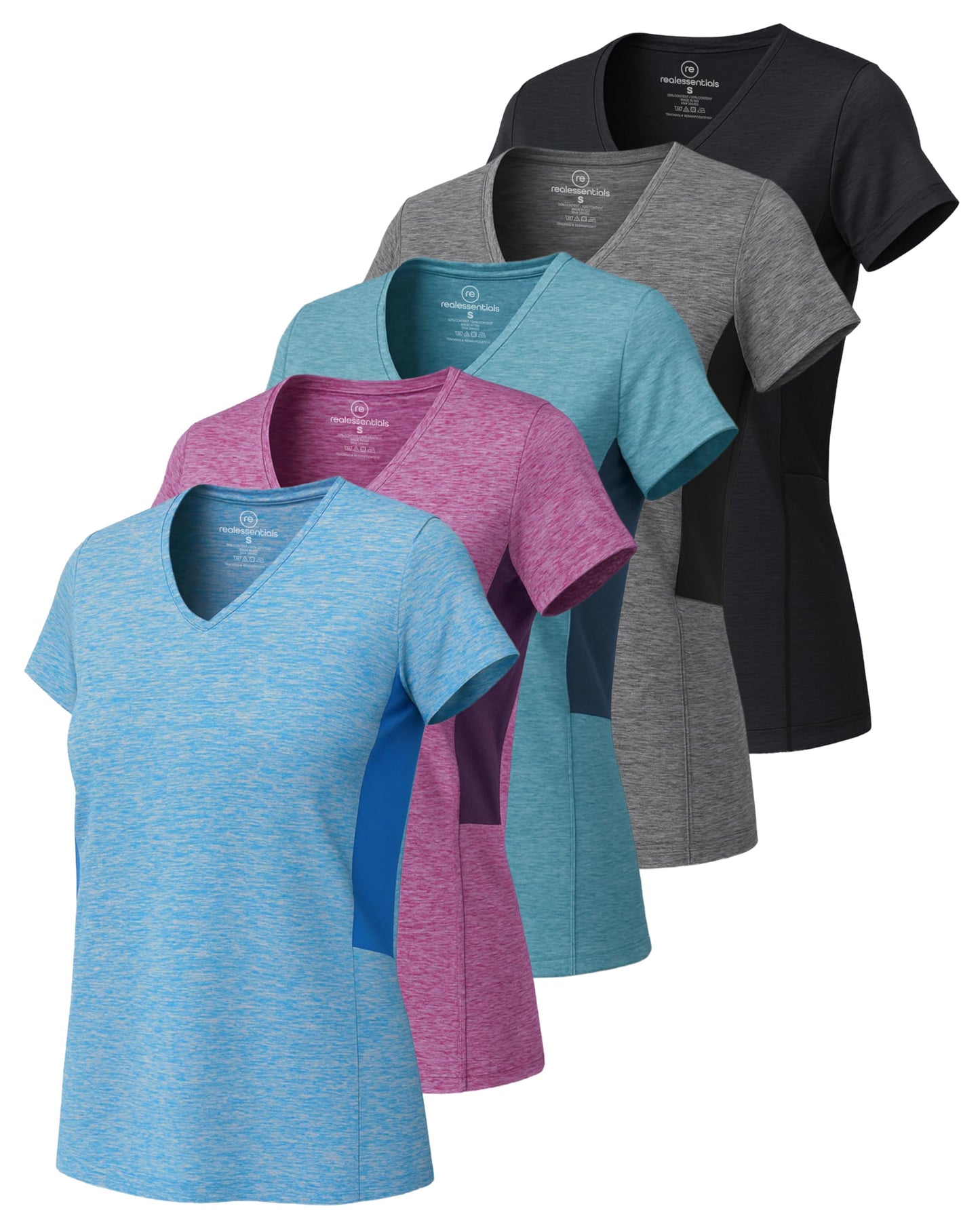 Real Essentials 5 Pack: Women's Dry-Fit Short Sleeve V Neck T Shirt Workout Fitness Yoga Top Tee, Set 4, XXL