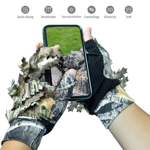 LOOGU Camouflage Hunting Gloves, 3D Leafy Camo, Anti-Slip Fingerless, Lightweight for Outdoor Hunting, Fishing