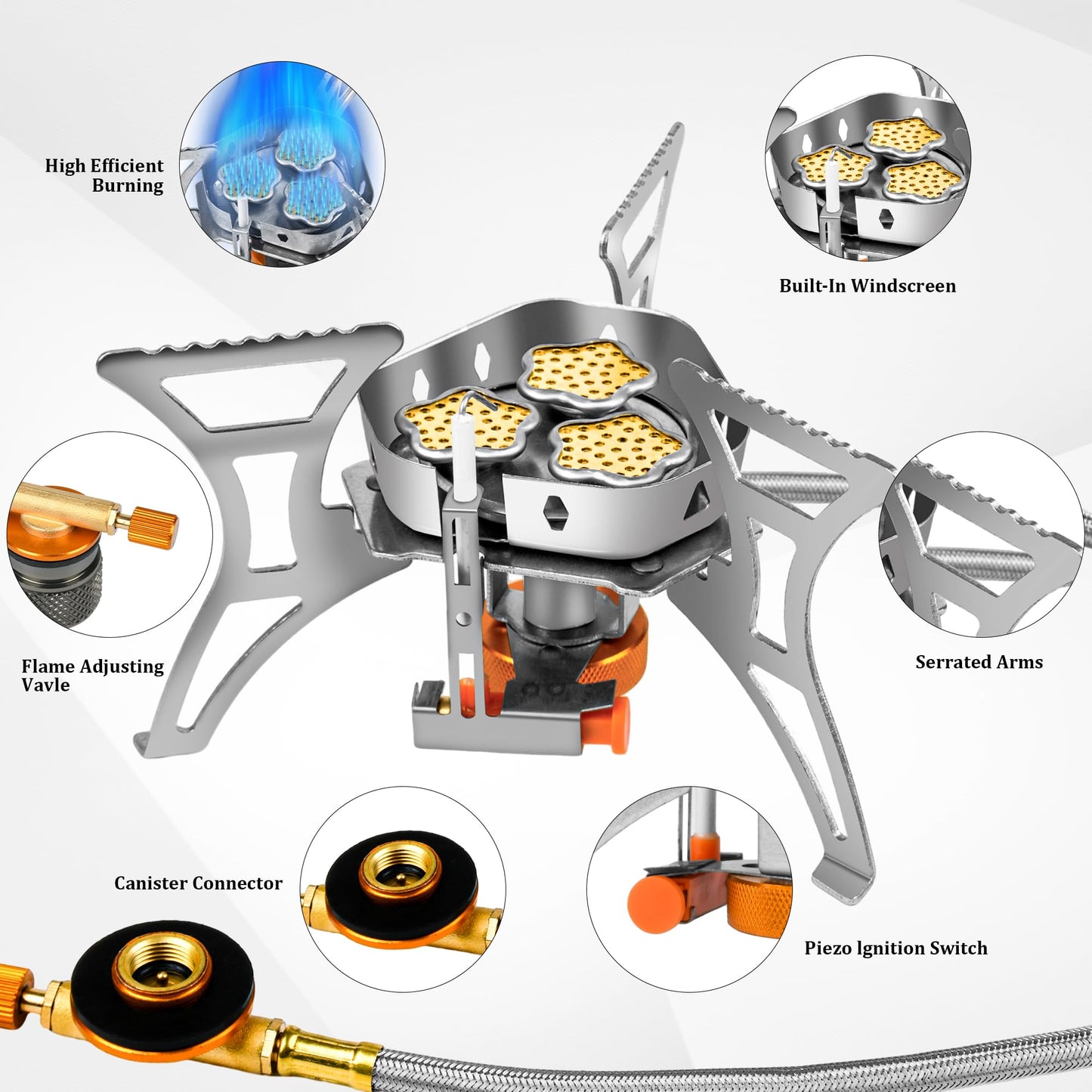 6800W Camping Backpacking Stove, Outdoor Portable Burner Cooking Stove with Fuel Canister Adapter, Piezo Ignition, Carry Case, Foldable Windproof Camping Gas Stove for Picnic Hiking