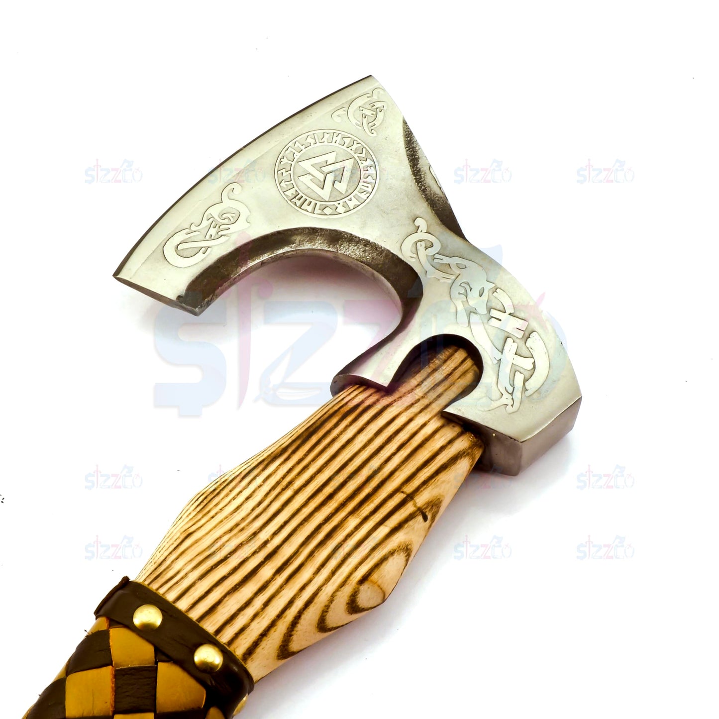 SIZZCO Custom Forged Carbon Steel Viking Style Bearded Axe - Real Hatchet, Throwing & Camping Axe with Leather Wrap Best Gift for Anniversary, Valentine's Day, Birthday with Premium Leather Sheath