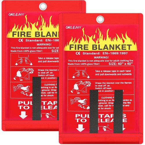 ONLEMY Fire Blanket - 2 Pack - 40" x 40" Emergency Fire Blanket for Home and Kitchen, Camping, Grill, Kitchen, Home, Car, School, Warehouse
