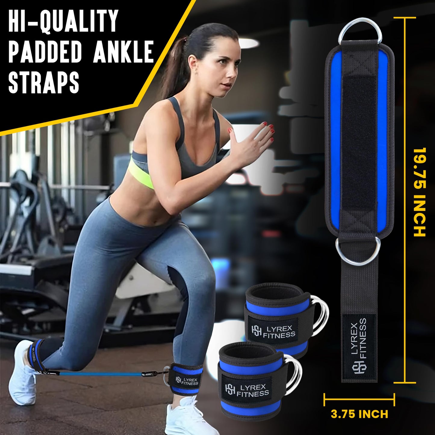 Ankle Strap for Cable Machine and Strength Training - Premium Padding for Comfort, Ankle Cable Starps for Workout, Compatible with Glute Kickback, Leg Extension, Leg Press, Hip Abductors & lower body exercises- Blue