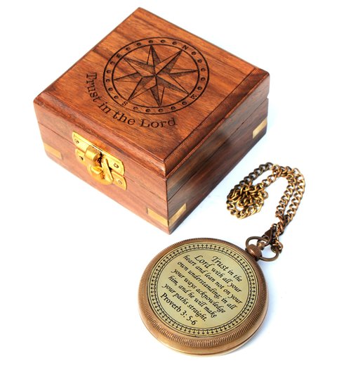 Trust in The Lord with All Your Heart -Proverbs 3: 5-6 Quote Engraved Compass with Wooden Box, Baptism Gifts for Boys, Inspirational Gifts Men, Graduation Day Gifts, First Communion Gifts