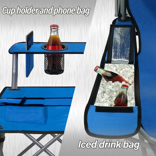 PLKO Camping Chairs with Canopy, Portable Quad Lawn Chair for Adults, Folding Recliner Chair with Cup Holder Outdoor Events and Shade- Support 330 LBS，Light Blue