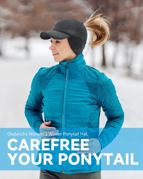 Gisdanchz Winter Running Gear for Women, Cold Weather Running Hat with Ponytail Hole Winter Ponytail Hat with Ear Flaps for Women Ladies Reflective Accessories Baseball, Black S/M