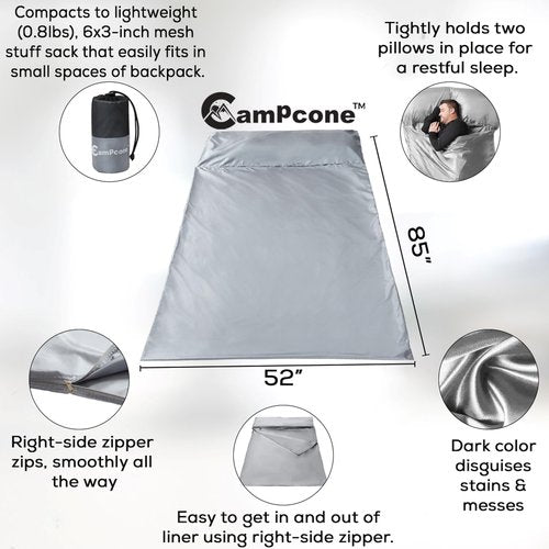 CAMPCONE Silky Sleeping Bag Liner Cold/Warm Weather–XL Travel Sheets for Hotel 85"×52"– Lightweight Sleep Sack with Zipper & Pillow Pocket-100% Polyester Adult Sleep Sack - Hotel Sleeping Bag. (Grey)