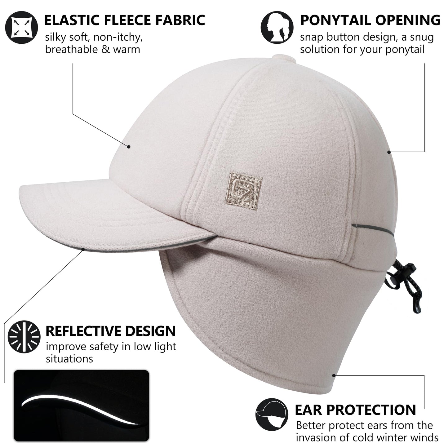 GADIEMKENSD Women's Fleece Ponytail Hat with Reflective Winter Ear Flaps Cold Hat with Adjustable Headband and Drop Down Ear Warmers Ball Cap Beanie for Snowy Golf Skiing Hiking Running Khaki
