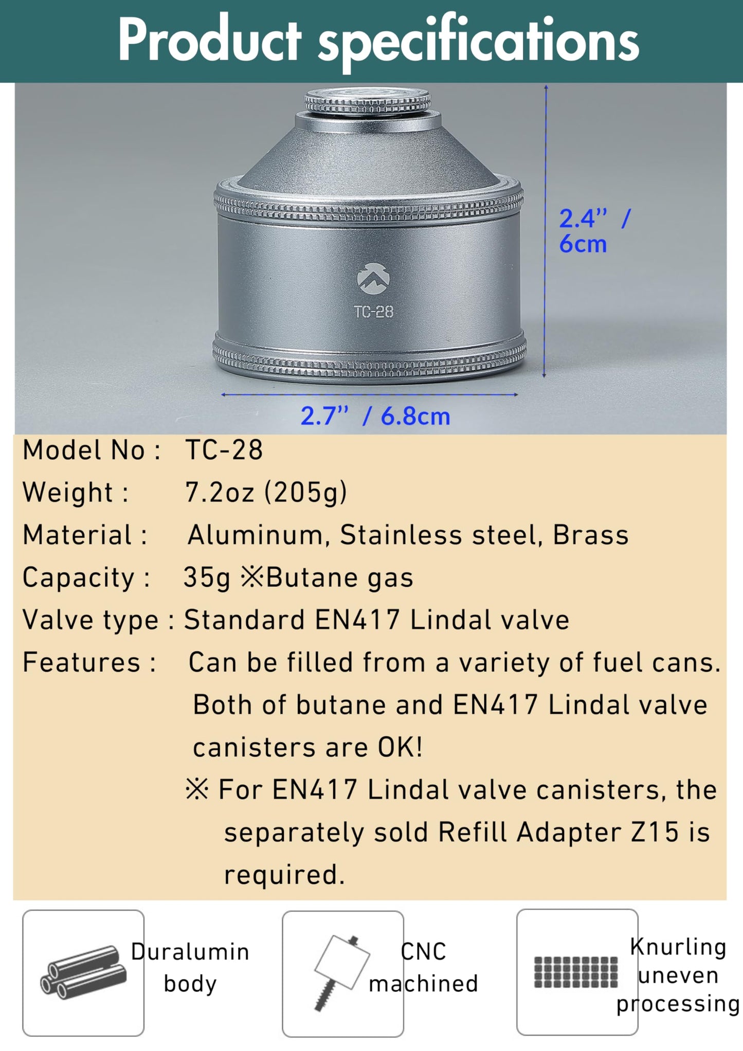 CAMPINGMOON Empty Refillable Cylinder 35g Standard for Backpacking Camping EN417 Lindal Valve Silver TC-28