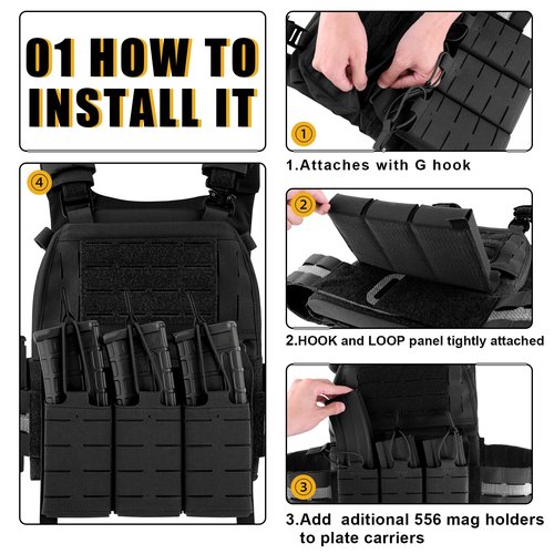 PETAC GEAR Tactical Triple 556 Magazine Pouch with Kydex Insert,KTAR AR Front Flap Magazine Pouch Laser Cut MOLLE Mag Carrier (BK)